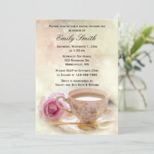 Pink Rose and Teacup   Elegant Bridal Shower Tea Invitation