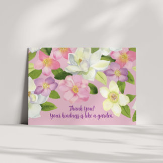 Pink Rose and White Watercolor Magnolia Thank You Card