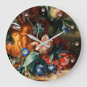 PINK ROSE,ANEMONE BLUE MORNING GLORIES ,FLOWERS LARGE CLOCK