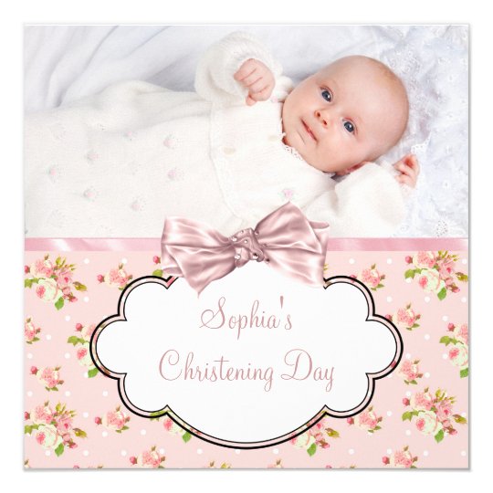 pink rose baby girl photo christening invitation zazzle com au
