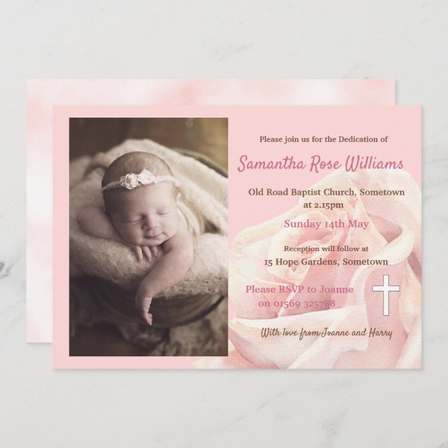 Pink rose baby girl photo Dedication Invitation (Front/Back)