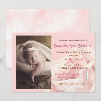 Pink rose baby girl photo Dedication Invitation