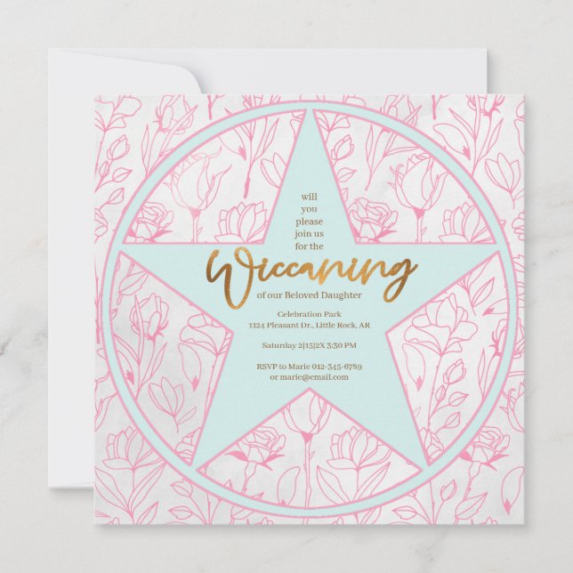 Pink Rose Baby Girl Wiccaning Naming Ceremony Invitation (Front)