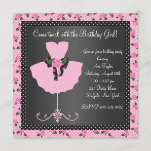 Pink Rose Ballerina Girls Ballerina Birthday Party Invitation