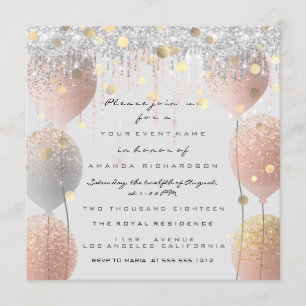 Pink Rose Ballon Sweet 16th Bridal Baby Grey Invitation