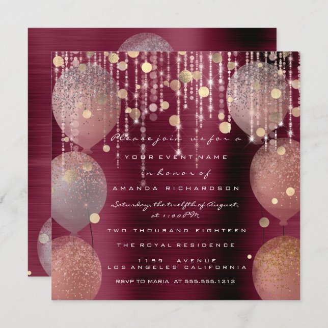 Pink Rose Ballon Sweet 16th Bridal Bordeaux Marsal Invitation (Front/Back)