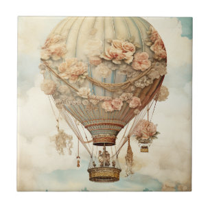 Pink Rose Balloon Pastel Teal Victorian Fairy Tale Ceramic Tile