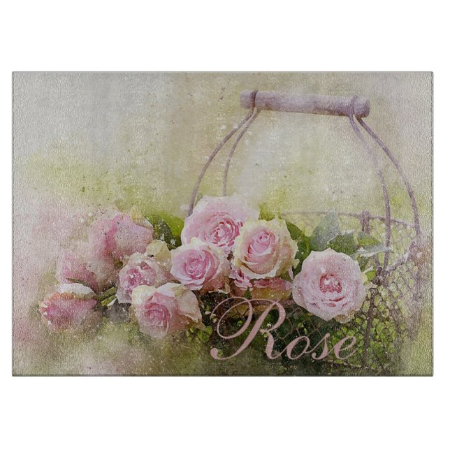 Pink Rose Basket Cutting Board (Front)
