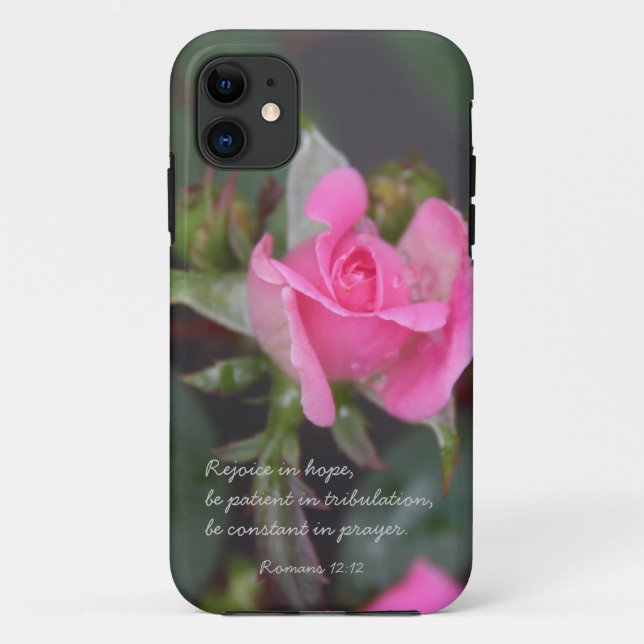Pink Rose, Bible Verse about Hope, Romans 12:12 Case-Mate iPhone Case (Back)