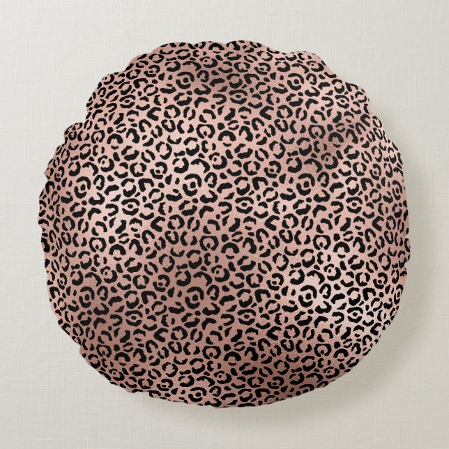Pink Rose Black Leopard Print Round Cushion (Front)