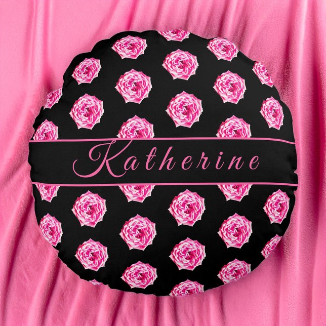 Pink Rose Black Personalised Round Cushion (Creator Uploaded)