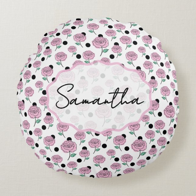 Pink Rose Black Polka Dot Graphic Pattern Modern   Round Cushion (Front)