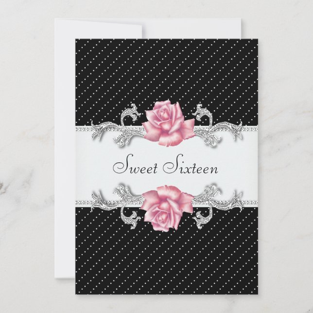 Pink Rose Black Polka Dot Sweet Sixteen Birthday Invitation (Front)