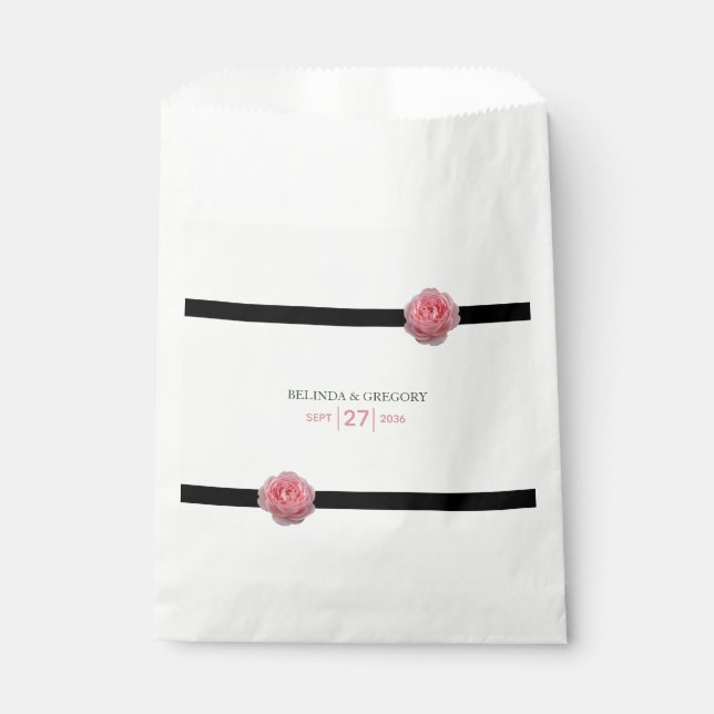 Pink Rose Black Ribbon Wedding Favour Bag (Front)