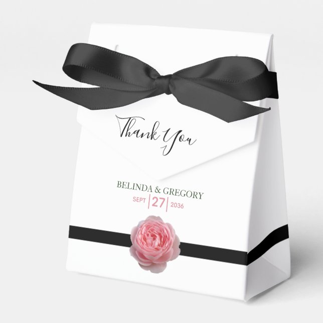 Pink Rose Black Ribbon Wedding Favour Box (Front Side)