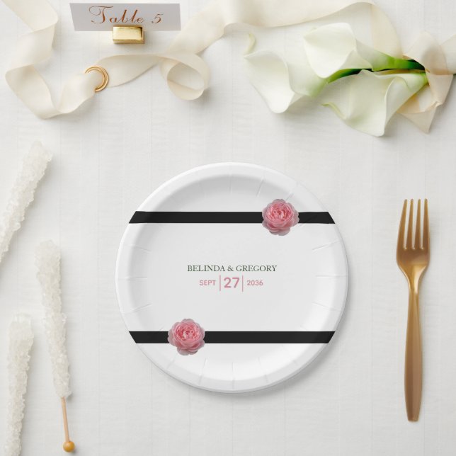 Pink Rose Black Ribbon Wedding  Paper Plate (Wedding)