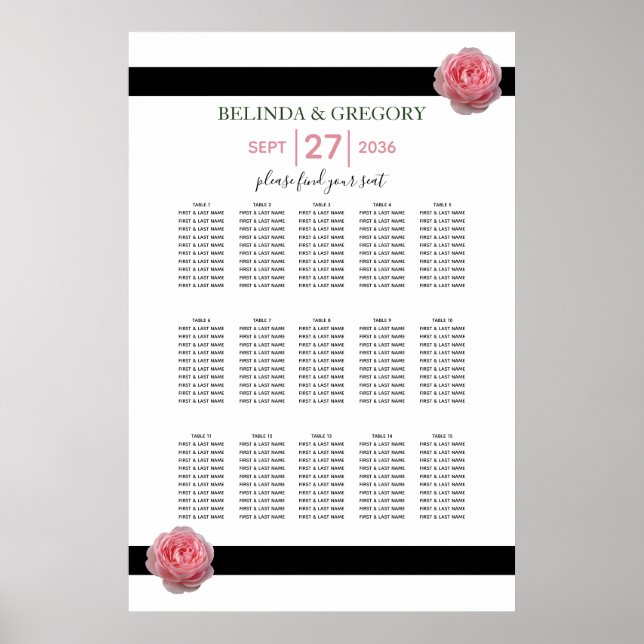 Pink Rose Black Ribbon Wedding Seating Chart (Front)