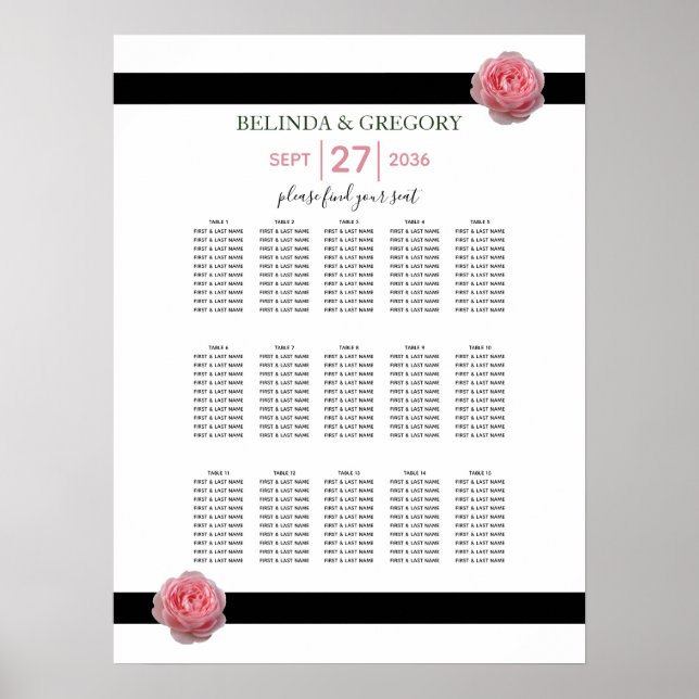 Pink Rose Black Ribbon Wedding Seating Chart (Front)