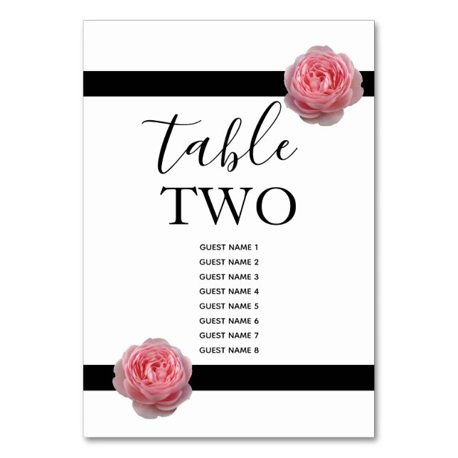 Pink Rose Black Ribbon Wedding Table Number (Front)