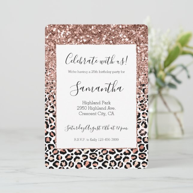Pink Rose Black White Leopard Glitter Sparkle  Invitation (Standing Front)