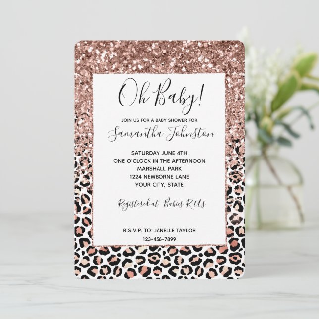 Pink Rose Black White Leopard Glitter Sparkle  Invitation (Standing Front)