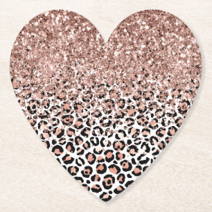 Pink Rose Black White Leopard Glitter Sparkle Paper Coaster