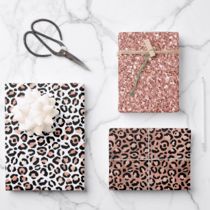 Pink Rose Black White Leopard Wrapping Paper Sheet
