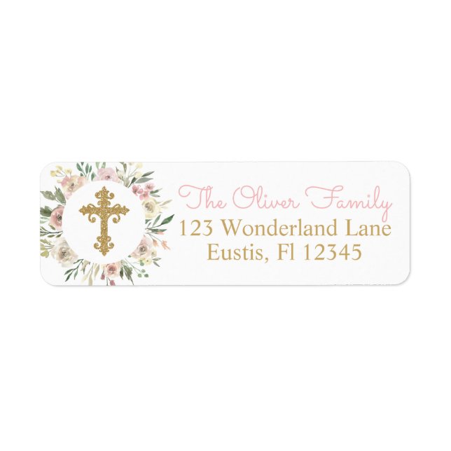 Pink Rose Blooms Baptism Return Address Labels (Front)