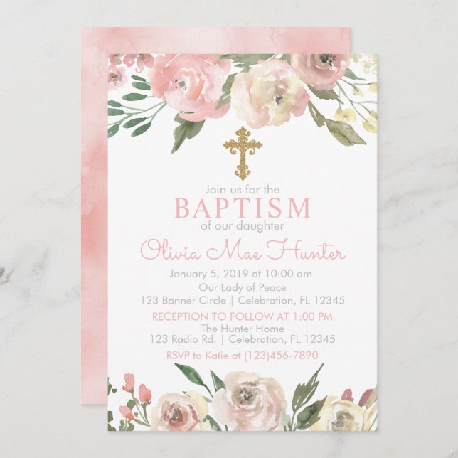Pink Rose Blooms Girl Baptism Invitation (Front/Back)