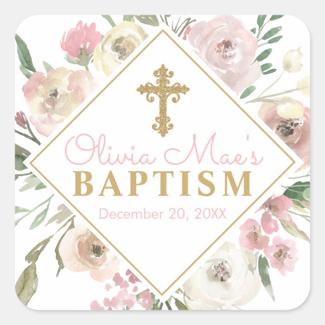 Pink Rose Blooms Girl Baptism Square Stickers (Front)