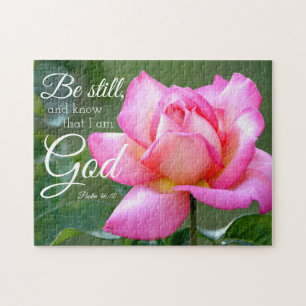 Pink Rose Blossom Be Still Psalm 46:10 Jigsaw Puzzle