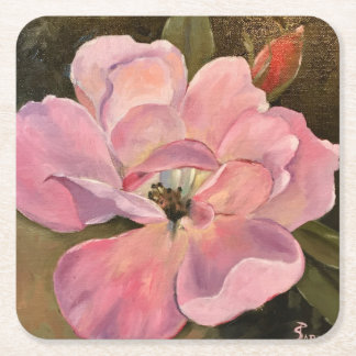 Pink Rose Blossom Opened Fine Art Oil Painting Square Paper Coaster