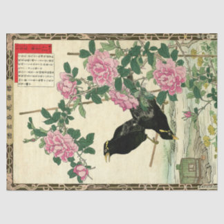Pink Rose Blossoms & Black Bird Oriental Decoupage Tissue Paper
