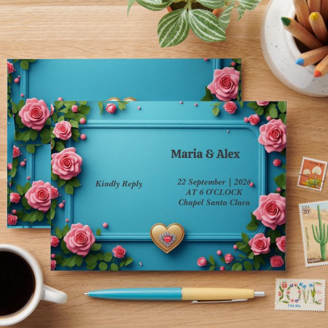 💍 Pink Rose Blue Gold Heart Wedding Theme 🌸 Envelope (Desk)