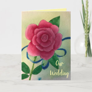 Pink Rose Blue Ribbon Wedding Invitation Cards