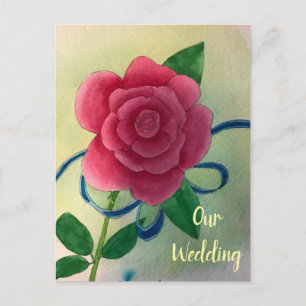 Pink Rose Blue Ribbon Wedding Invitation Postcards