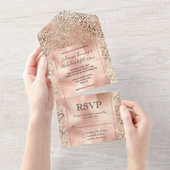 Pink Rose Blush Gold Leopard Animal Print   All In One Invitation (Tearaway)