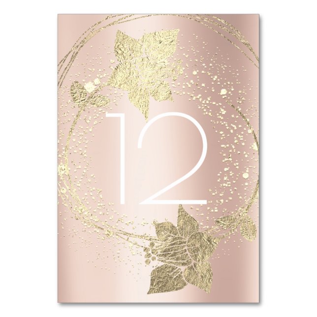 Pink Rose Blush Gold Wreath Vertical Table Number (Front)