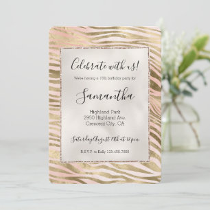 Pink Rose Blush Gold Zebra Animal Print Invitation