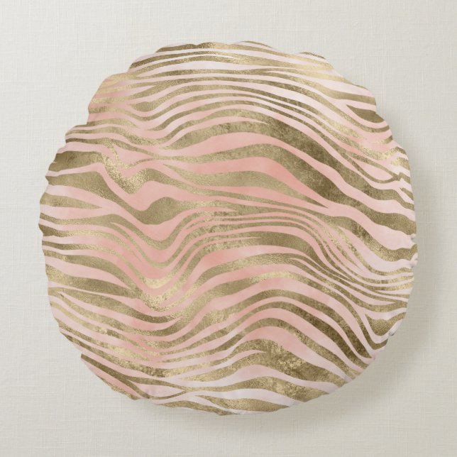 Pink Rose Blush Gold Zebra Leopard Animal Print    Round Cushion (Front)