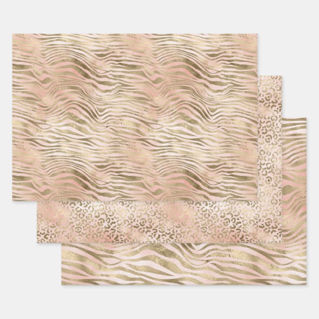 Pink Rose Blush Gold Zebra Print    Wrapping Paper Sheet (Set)