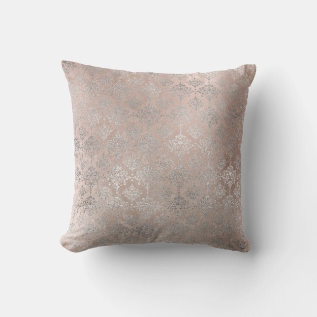 Pink Rose Blush Powder Grungy Silver Grey Damask Cushion (Front)