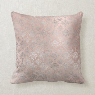 Pink Rose Blush Powder Grungy Silver Grey Damask Cushion