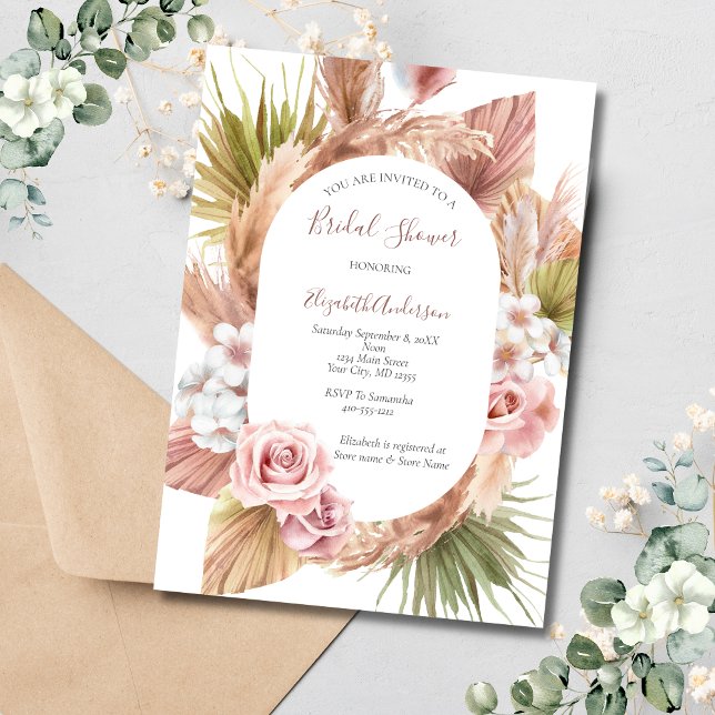 Pink Rose Boho Pampas Grass Bridal Shower Invitation (Creator Uploaded)