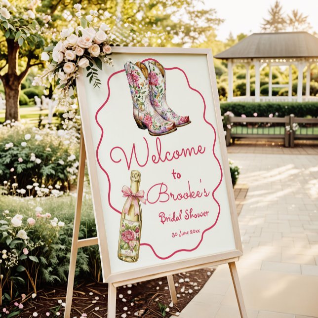 Pink Rose Boots and Bubbly Bridal Shower Welcome Poster (Creator Uploaded)