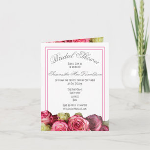 Pink rose border floral bouquet bridal shower invitation