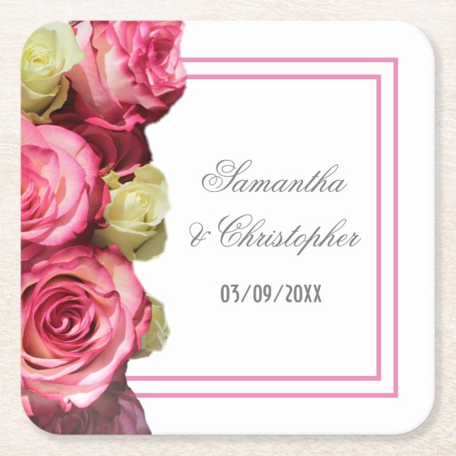 Pink rose border floral wedding square paper coaster (Front)