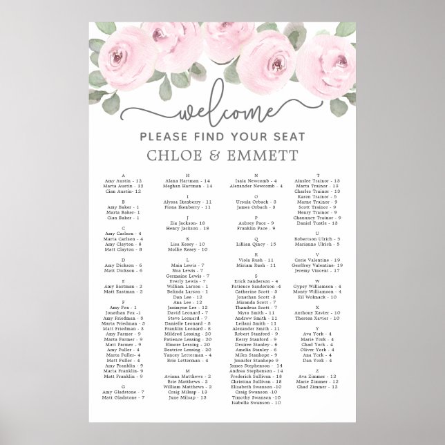 Pink Rose Botanical Alphabetical Seating Chart (Front)