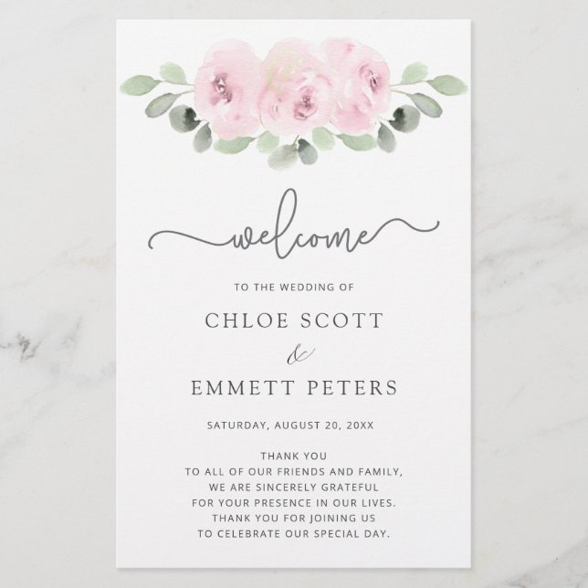 Pink Rose Botanical Wedding Ceremony Program (Front)