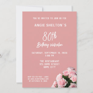 Pink Rose Bouquet 80th Birthday Floral Party  Invitation